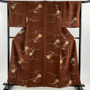 小紋 身丈160cm 裄丈67.5cm L 袷 日本むかし話 霞 金彩 赤茶 正絹 美品 秀品 【中古】