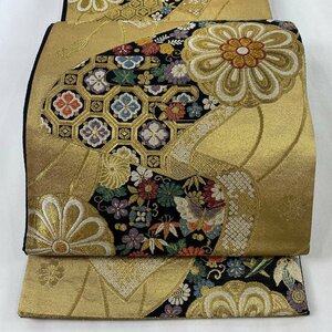 袋帯 美品 秀品 振袖向き 草花 宝尽くし 金糸 箔 金色 六通 正絹 【中古】