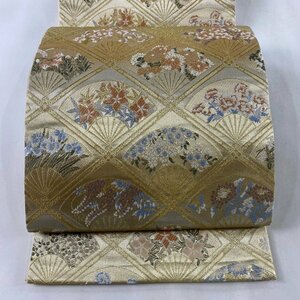 袋帯 美品 秀品 扇 草花 金糸 箔 金色 六通 正絹 【中古】