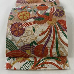 袋帯 美品 秀品 落款 じゅらく 尾長鳥 草花 金糸 唐織 銀色 六通 正絹 【中古】