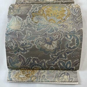 袋帯 美品 秀品 落款 服部織物 オリエント更紗 プラチナ 本金箔 手工芸 羽 草花 金糸 箔 銀色 六通 正絹 【中古】