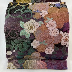 袋帯 美品 秀品 桜 花唐草 金銀糸 箔 紫 六通 正絹 【中古】