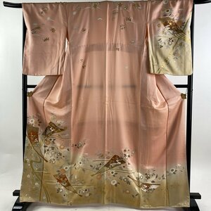 訪問着 身丈165.5cm 裄丈68cm L 袷 扇 草花 金彩 ぼかし ピンク 正絹 秀品 【中古】