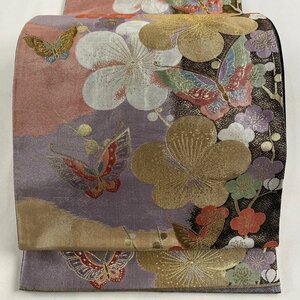 袋帯 美品 秀品 振袖向き 梅 蝶 箔 薄紫 正絹 【中古】