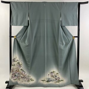 色留袖 身丈167.5cm 裄丈65cm M 袷 姫と殿 草花 刺繍 ぼかし 灰緑 正絹 秀品 一つ紋 【中古】