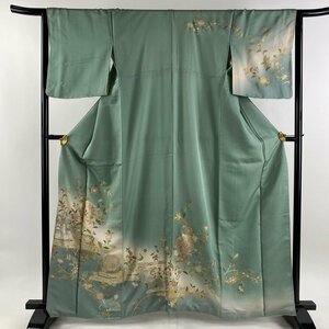 訪問着 身丈163.5cm 裄丈64.5cm M 袷 華文 ヱ霞 金彩 螺鈿 薄緑 正絹 秀品 【中古】