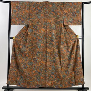 小紋 身丈156.5cm 裄丈64cm M 袷 草花 建物 縮緬 赤茶 正絹 美品 優品 【中古】