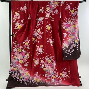 振袖 身丈173cm 裄丈72cm L 袷 花束 草花 箔 金彩 赤 正絹 美品 名品 【中古】