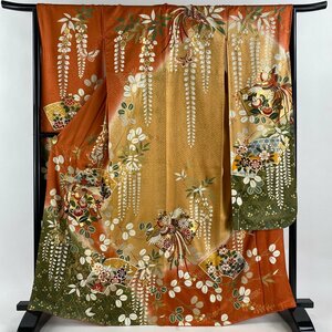  long-sleeved kimono length 166.5cm sleeve length 66cm M. phoenix fan paper gold thread gold paint . color silk preeminence goods [ used ]