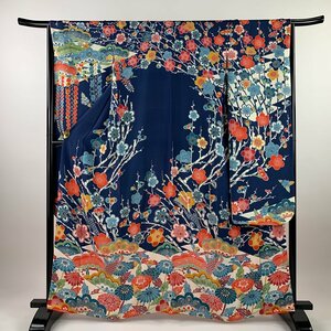 振袖 身丈163cm 裄丈65.5cm M 袷 梅 松 縮緬 灰色 正絹 名品 【中古】