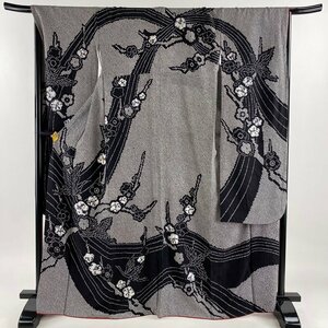 振袖 身丈165.5cm 裄丈68cm L 袷 鳥 枝梅 総絞り 黒 正絹 美品 逸品 【中古】