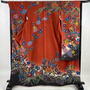 振袖 身丈165cm 裄丈68cm L 袷 蝶 草花 ぼかし 染め分け 赤茶 正絹 美品 名品 【中古】