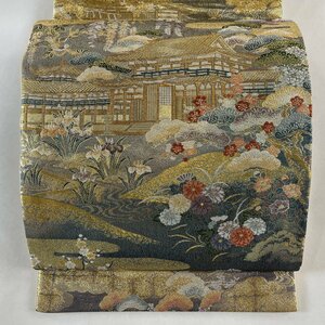 袋帯 美品 秀品 世界文化遺産三連作 銀閣寺 金糸 本金箔 金色 お太鼓柄 正絹 【中古】