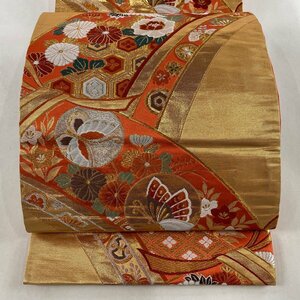 袋帯 秀品 蝶 花鳥 金銀糸 箔 オレンジ 六通 正絹 【中古】