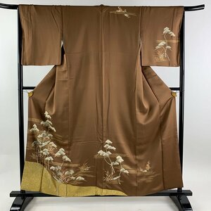 訪問着 身丈158cm 裄丈67cm M 袷 松 波 金彩 金糸 茶色 正絹 秀品 【中古】