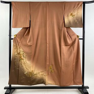 付下げ 身丈155cm 裄丈63.5cm S 袷 落款 鶴 桜 金彩 ぼかし 茶色 正絹 美品 秀品 【中古】