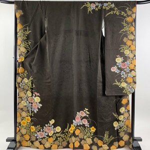 振袖 身丈165cm 裄丈67.5cm L 袷 菊 梅 金糸 焦茶色 正絹 名品 【中古】