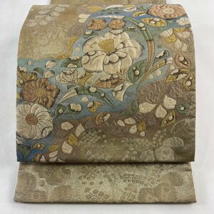 袋帯 美品 名品 落款 じゅらく 草花 金糸 箔 茶緑色 お太鼓柄 正絹 【中古】