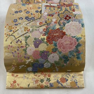 袋帯 美品 逸品 証紙 長嶋成織物 御所車草花文 箔 金色 六通 正絹 【中古】