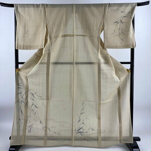 訪問着 身丈167cm 裄丈68cm L 薄物 紬地 鳥 葉柄 ベージュ 正絹 名品 【中古】