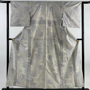 大島紬 身丈157cm 裄丈62cm S 単衣 証紙 雪輪 草花 灰白 正絹 美品 逸品 【中古】