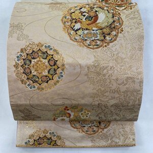 袋帯 美品 秀品 花鳥 華文 金糸 箔 薄オレンジ 六通 正絹 【中古】