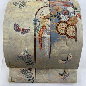 袋帯 秀品 蝶 花車 刺繍 金銀糸 金色 六通 正絹 【中古】