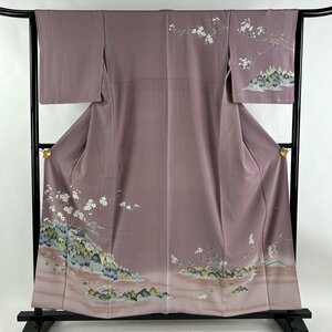 訪問着 身丈157cm 裄丈64cm M 袷 落款 樹木 建物 薄紫 正絹 秀品 【中古】