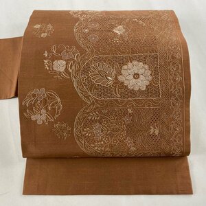 名古屋帯 美品 秀品 紬地 鈴乃屋 草花 刺繍 赤茶 正絹 【中古】