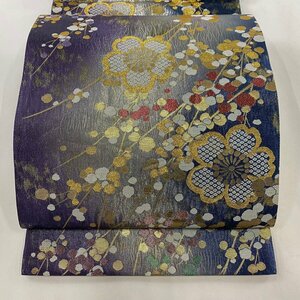 袋帯 美品 秀品 振袖向き 桜 箔 青紫 六通 正絹 【中古】