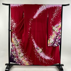 振袖 身丈157.5cm 裄丈63.5cm S 袷 鈴乃屋 鞠 草花 ラメ ぼかし 赤 正絹 美品 名品 【中古】