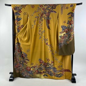 振袖 身丈167cm 裄丈69cm L 袷 松竹梅 草花 山吹茶色 正絹 美品 名品 【中古】