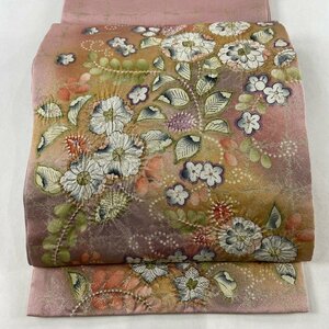 袋帯 美品 名品 落款 草花 絞り 箔 ピンク お太鼓柄 正絹 【中古】