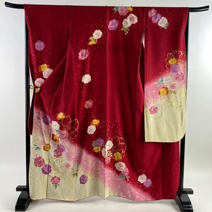  long-sleeved kimono length 165cm sleeve length 68cm L. Sakura gold paint lame . red silk name goods [ used ]
