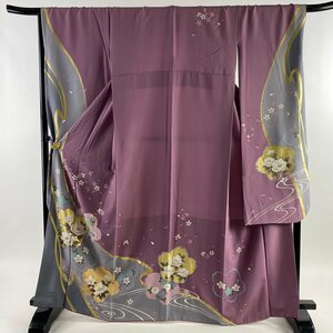 振袖 身丈166cm 裄丈69cm L 袷 桜 牡丹 箔 金彩 紫 正絹 美品 名品 【中古】