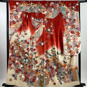 振袖 身丈161cm 裄丈66cm M 袷 桜 幔幕 金彩 金糸 赤 正絹 秀品 【中古】