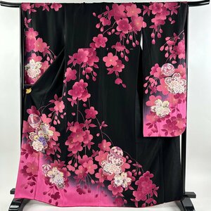 振袖 身丈167cm 裄丈66cm M 袷 枝垂れ桜 鞠 金彩 染め分け 黒 正絹 美品 名品 【中古】