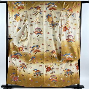 振袖 身丈158.5cm 裄丈65cm M 袷 松竹梅 鶴 金糸 金彩 山吹茶色 正絹 名品 【中古】