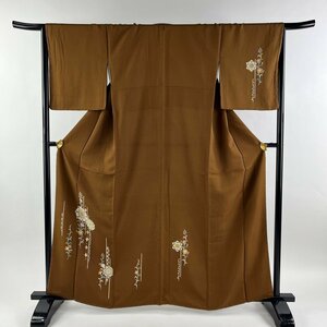 付下げ 身丈162cm 裄丈66.5cm M 袷 華文 草花 茶色 正絹 美品 秀品 【中古】