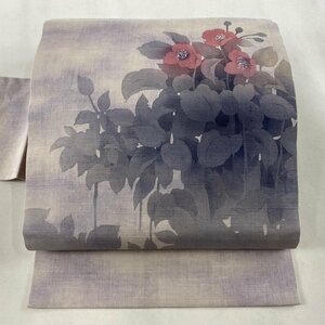 名古屋帯 美品 優品 落款 草花 ぼかし 灰紫 正絹 【中古】