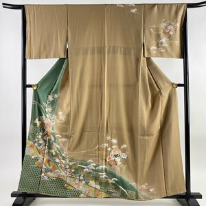 訪問着 身丈160cm 裄丈66cm M 袷 草花 雪輪 金糸 金銀彩 薄茶色 正絹 秀品 【中古】