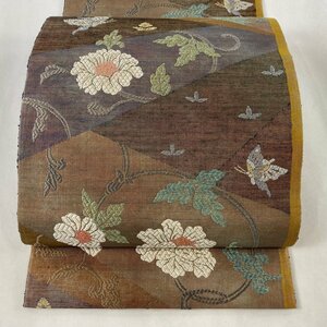 袋帯 美品 秀品 瑞華寿宝文 唐織 金糸 灰緑 六通 正絹 【中古】