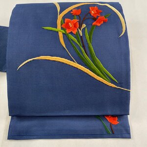 名古屋帯 美品 優品 夏帯 絽 草花 刺繍 金糸 紺色 正絹 【中古】