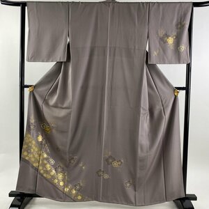 訪問着 身丈161cm 裄丈64cm M 袷 桜 横縞 金銀彩 金糸 灰紫 正絹 秀品 【中古】