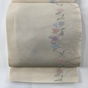 袋帯 秀品 夏帯 絽 楓 松葉 刺繍 箔 クリーム 六通 正絹 【中古】