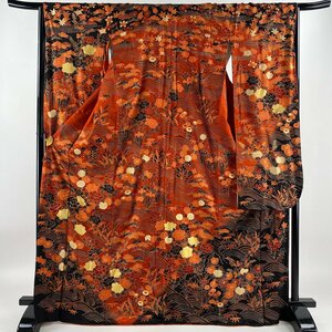  long-sleeved kimono length 169.5cm sleeve length 65.5cm M.. flower wave gold thread gold silver . red silk beautiful goods preeminence goods [ used ]