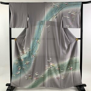 訪問着 身丈161cm 裄丈65cm M 袷 落款 草花 ぼかし 薄紫 正絹 名品 【中古】