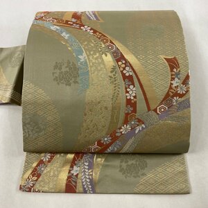 名古屋帯 美品 優品 束ね熨斗 花菱 金銀糸 箔 灰緑 正絹 【中古】