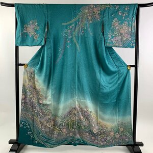 訪問着 身丈161cm 裄丈67cm M 袷 辻が花柄 松皮菱 金彩 ぼかし 青緑 正絹 名品 【中古】