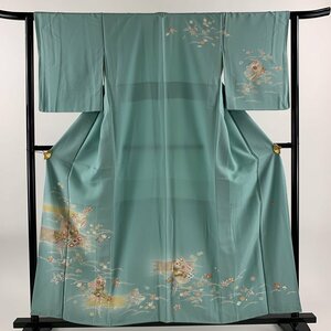 訪問着 身丈156.5cm 裄丈64cm M 袷 落款 誰が袖 草花 金彩 ぼかし 薄緑 正絹 秀品 【中古】